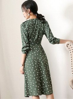 Green Polka Dot Belted Side-slit Slim Dress