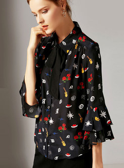 Trendy Turn-down Collar Dots Flare Sleeve Blouse