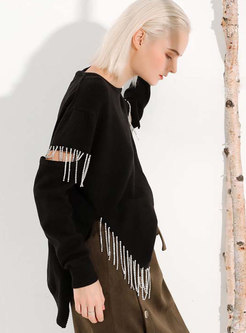 Chic Black Knitted Fringed Split Asymmetric Sweater