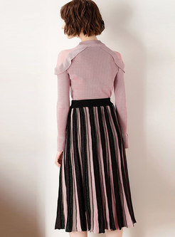Casual Flare Sleeve Sweater & High-rise Pleated Skirt