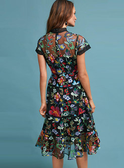 Ethnic O-neck Short Sleeve Mesh Embroidered Dress
