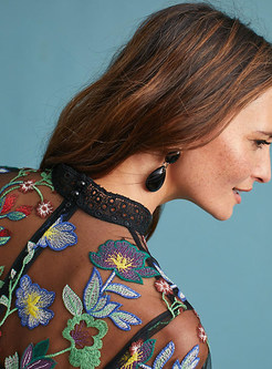 Ethnic O-neck Short Sleeve Mesh Embroidered Dress