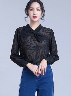 Solid Color Standing Collar Bowknot Chiffon Blouse