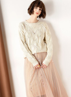 Sweet O-neck Long Sleeve Sweater & High-rise Mesh Double-layered Skirt
