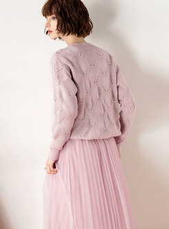 Sweet O-neck Long Sleeve Sweater & High-rise Mesh Double-layered Skirt