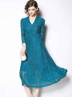 Solid Color Long Sleeve High Waisted Lace Skater Dress
