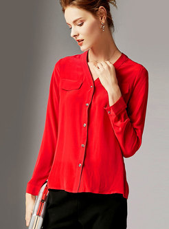 Fashion V-neck Long Sleeve Buttoned Silk Blouse