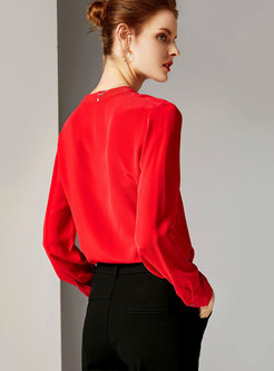 Fashion V-neck Long Sleeve Buttoned Silk Blouse