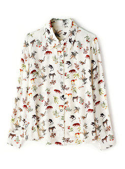 Brief Turn-down Collar All Over Print Blouse