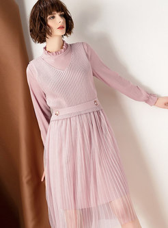 Pink Sweet Standing Collar Stitching Dress & V-neck Vest