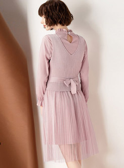 Pink Sweet Standing Collar Stitching Dress & V-neck Vest