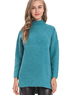 Fashion Blue Solid Turtle Neck Long Sleeve Sweater