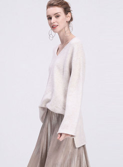 Brief Solid Color V-neck Side-slit Loose Sweater