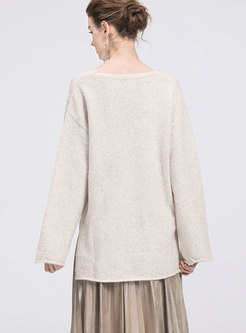 Brief Solid Color V-neck Side-slit Loose Sweater
