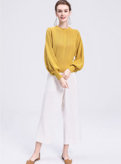 Pure Color Hollow Out Lantern Sleeve Slim Sweater