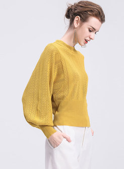 Pure Color Hollow Out Lantern Sleeve Slim Sweater