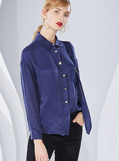 Blue Work Daily Turn-down Collar Buttoned Blouse