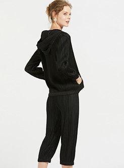 Fashion Black Sports Hooded Top & High Waist Calf-length Pants