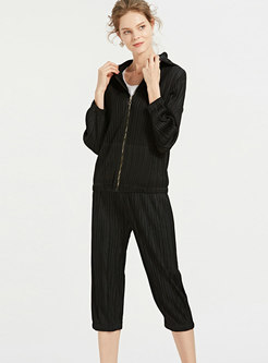 Fashion Black Sports Hooded Top & High Waist Calf-length Pants