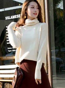 Casual White Turtle Neck Thicken Sweater