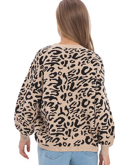 Fashion Khaki Crew-neck Long Sleeve Leopard Sweater