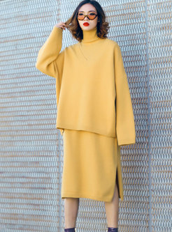 Casual Turtle Neck Sleeveless Midi Dress & V-neck Knitted Sweater 