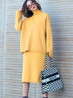 Casual Turtle Neck Sleeveless Midi Dress & V-neck Knitted Sweater 