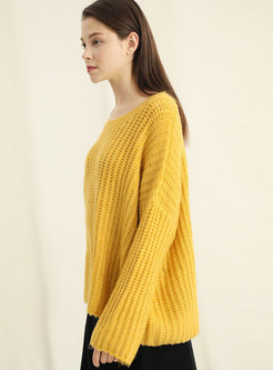 Fashion Yellow Crew-neck Hollow Out Sweater