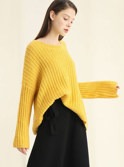 Fashion Yellow Crew-neck Hollow Out Sweater
