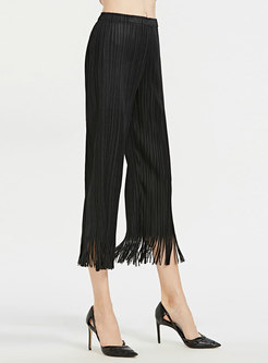 Casual Black High Waist Straight Pants With Tied Tassel