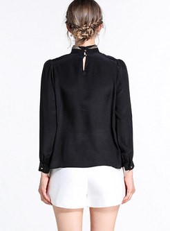 Black Standing Collar Long Sleeve Beaded Silk Blouse