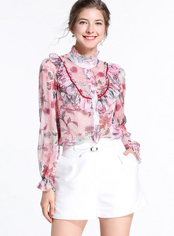 Trendy Pink Standing Collar Single-breasted Blouse