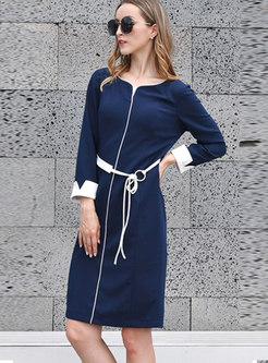 Elegant Color-blocked O-neck Tie-waist Knee-length Bodycon Dress
