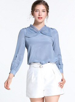 Stylish Solid Color Tie-neck Bowknot Blouse