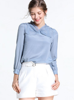 Stylish Solid Color Tie-neck Bowknot Blouse