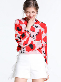 Fashion Stand Collar Silk All Over Print Blouse