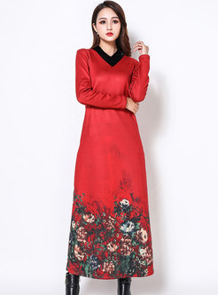 Ethnic Color-blocked Print V-neck Thick Maxi Dress