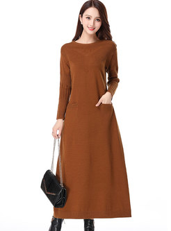 Elegant Solid Color O-neck Pocket Maxi Sweater Dress