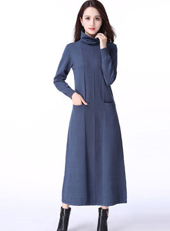 Brief Pure Color High Neck Slim Knitted Dress