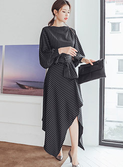 Striped Puff Sleeve Belted Asymmetric Maxi Dress