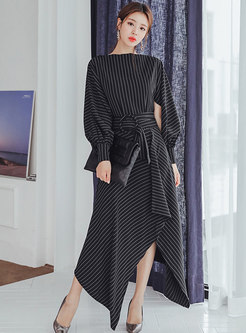 Striped Puff Sleeve Belted Asymmetric Maxi Dress