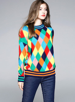 Crew Neck Plaid Color-blocked Pullover Sweater