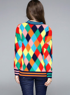 Crew Neck Plaid Color-blocked Pullover Sweater