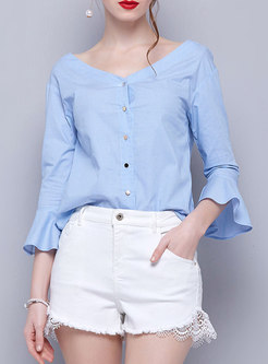 Chic Striped V-neck Flare Sleeve Single-breasted Blouse