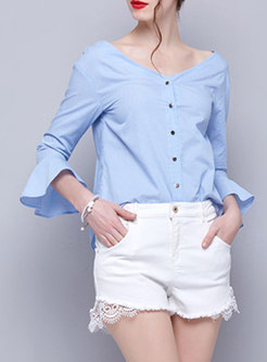 Chic Striped V-neck Flare Sleeve Single-breasted Blouse