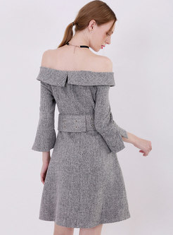 Stylish Grey Slash Neck Belted Asymmetric Dress