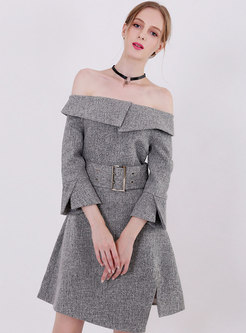 Stylish Grey Slash Neck Belted Asymmetric Dress