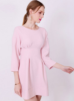 Pink Three Quarters Sleeve Gathered Waist Slim Dress