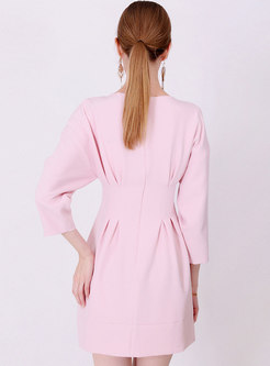 Pink Three Quarters Sleeve Gathered Waist Slim Dress