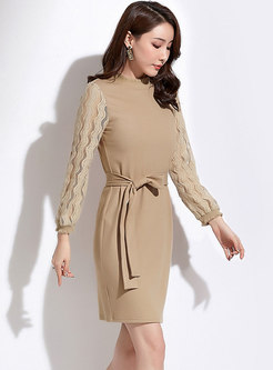 Elegant Lace Splicing Stand Collar Belted Knitted Dress